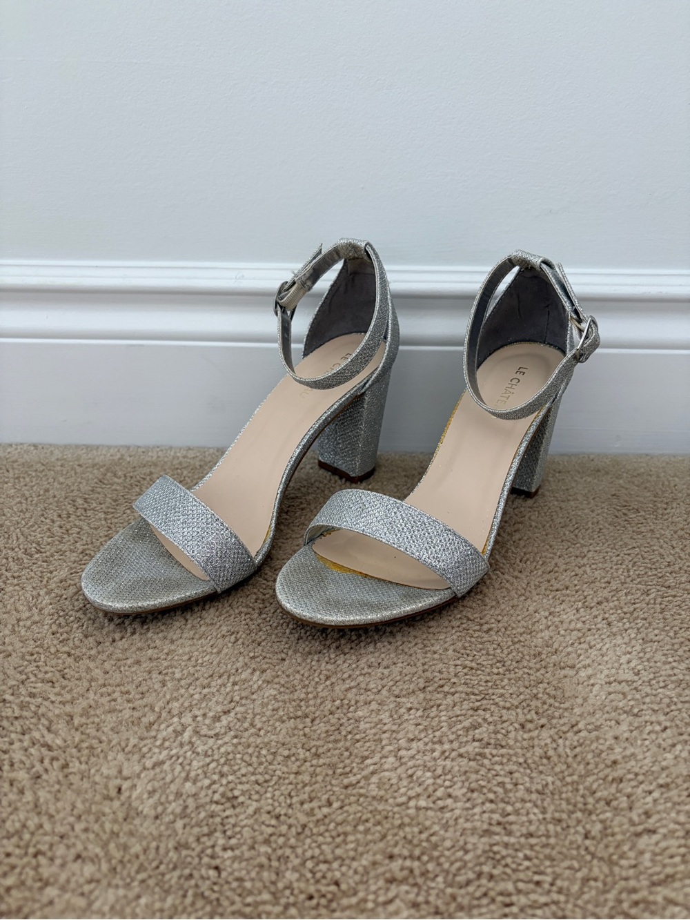 le chateau Silver Ankle-Strap Block Heels